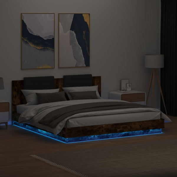 vidaXL Bed Frame with Headboard & LED Lights Smoked Oak 200x200 cm