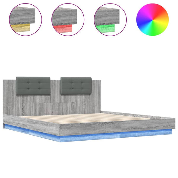 vidaXL Bed Frame with Headboard and LED Lights Grey Sonoma 200x200cm