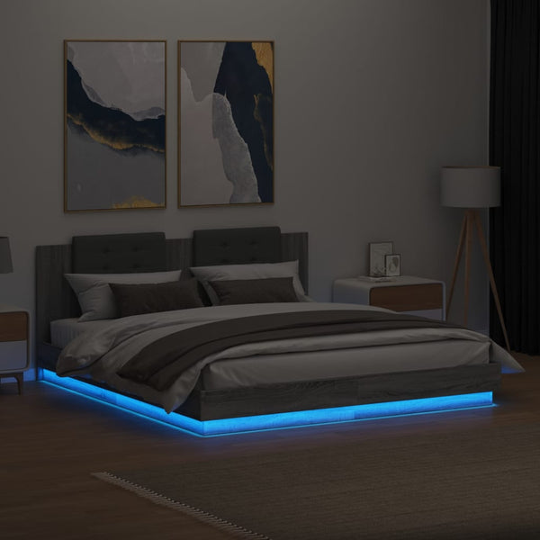 vidaXL Bed Frame with Headboard and LED Lights Grey Sonoma 200x200cm