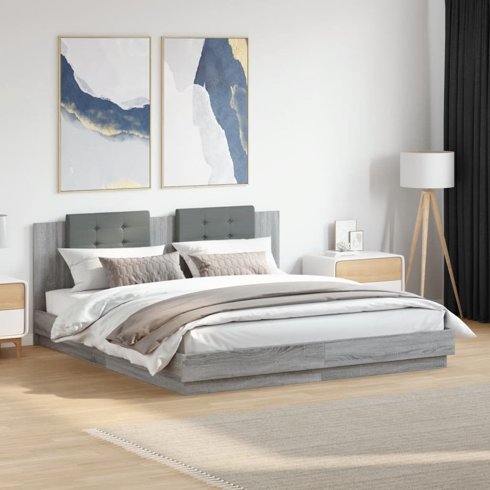 vidaXL Bed Frame with Headboard and LED Lights Grey Sonoma 200x200cm