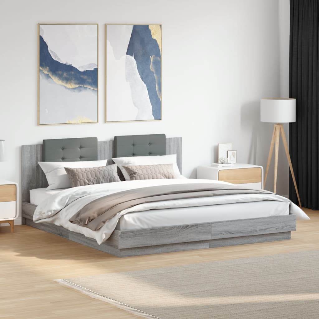 vidaXL Bed Frame with Headboard and LED Lights Grey Sonoma 200x200cm