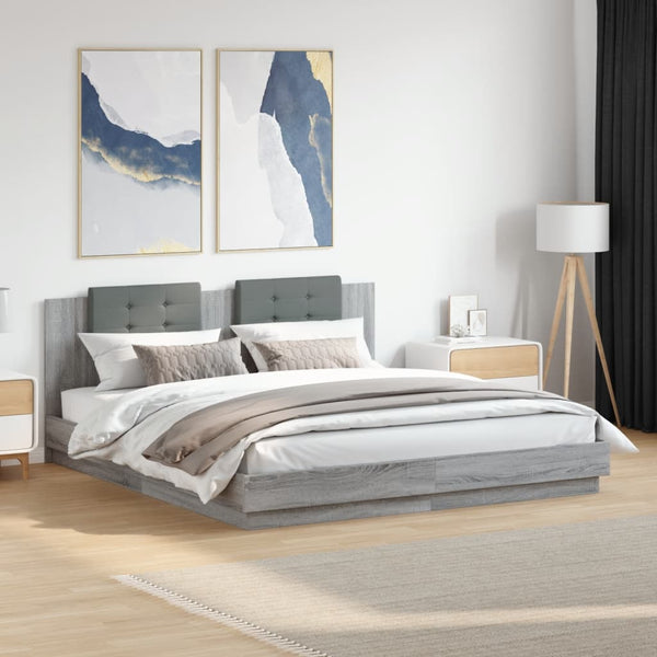 vidaXL Bed Frame with Headboard and LED Lights Grey Sonoma 200x200cm
