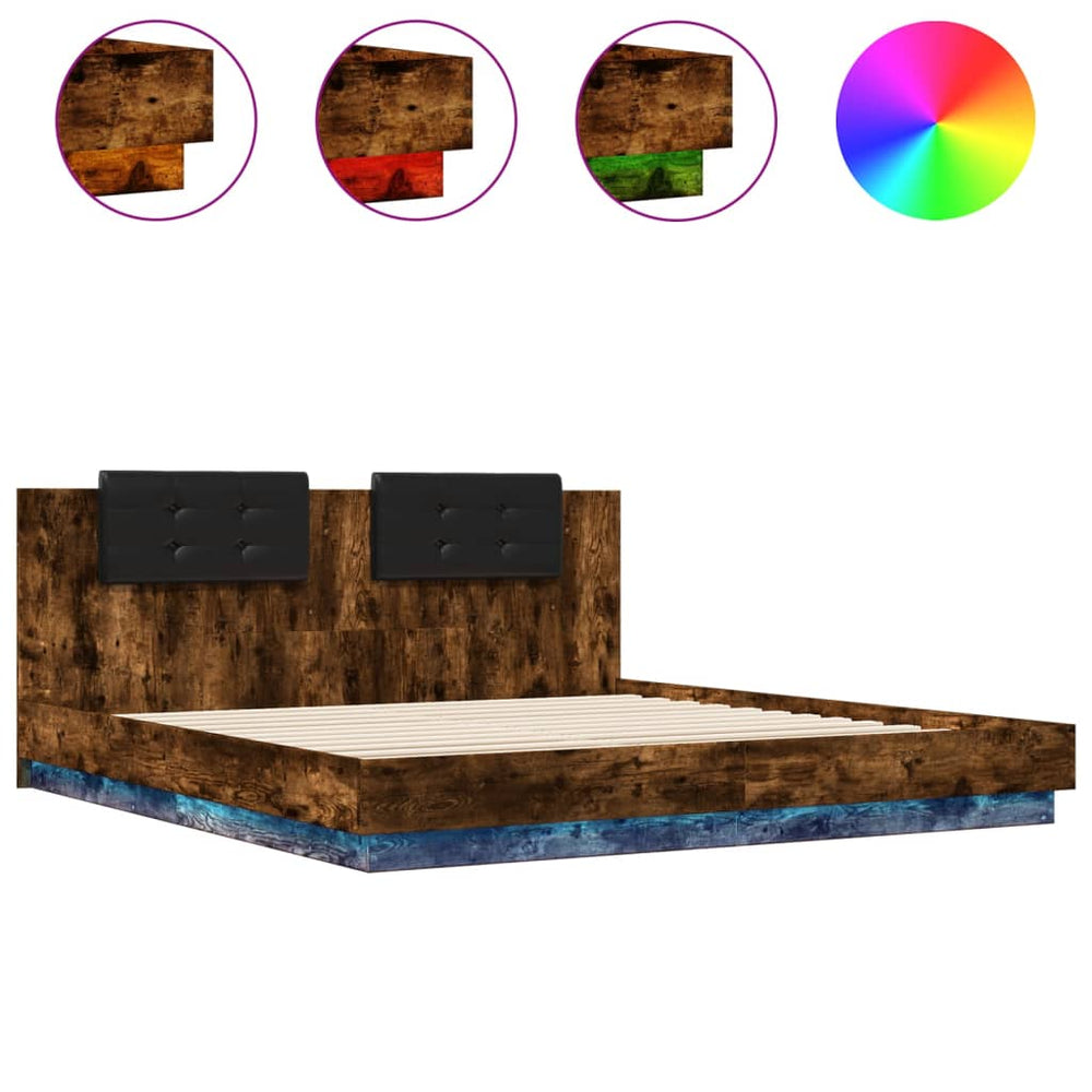 vidaXL Bed Frame with Headboard & LED Lights Smoked Oak 180x200 cm