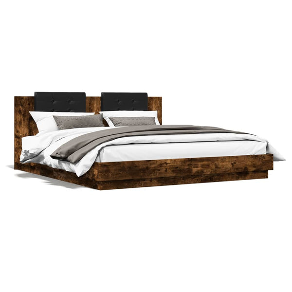 vidaXL Bed Frame with Headboard & LED Lights Smoked Oak 180x200 cm