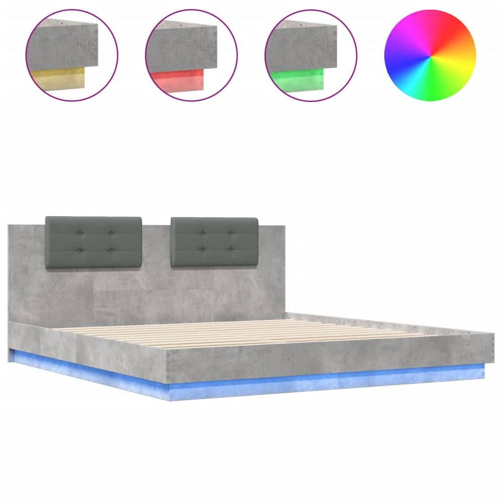 vidaXL Bed Frame with Headboard and LED Lights Concrete Grey 160x200 cm