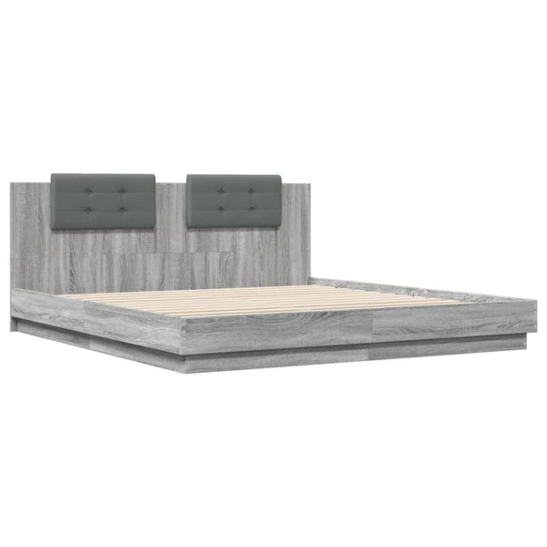 vidaXL Bed Frame with Headboard and LED Lights Grey Sonoma 160x200cm