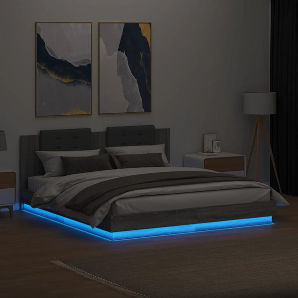 vidaXL Bed Frame with Headboard and LED Lights Grey Sonoma 160x200cm