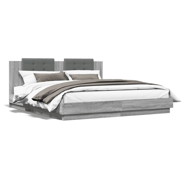 vidaXL Bed Frame with Headboard and LED Lights Grey Sonoma 160x200cm