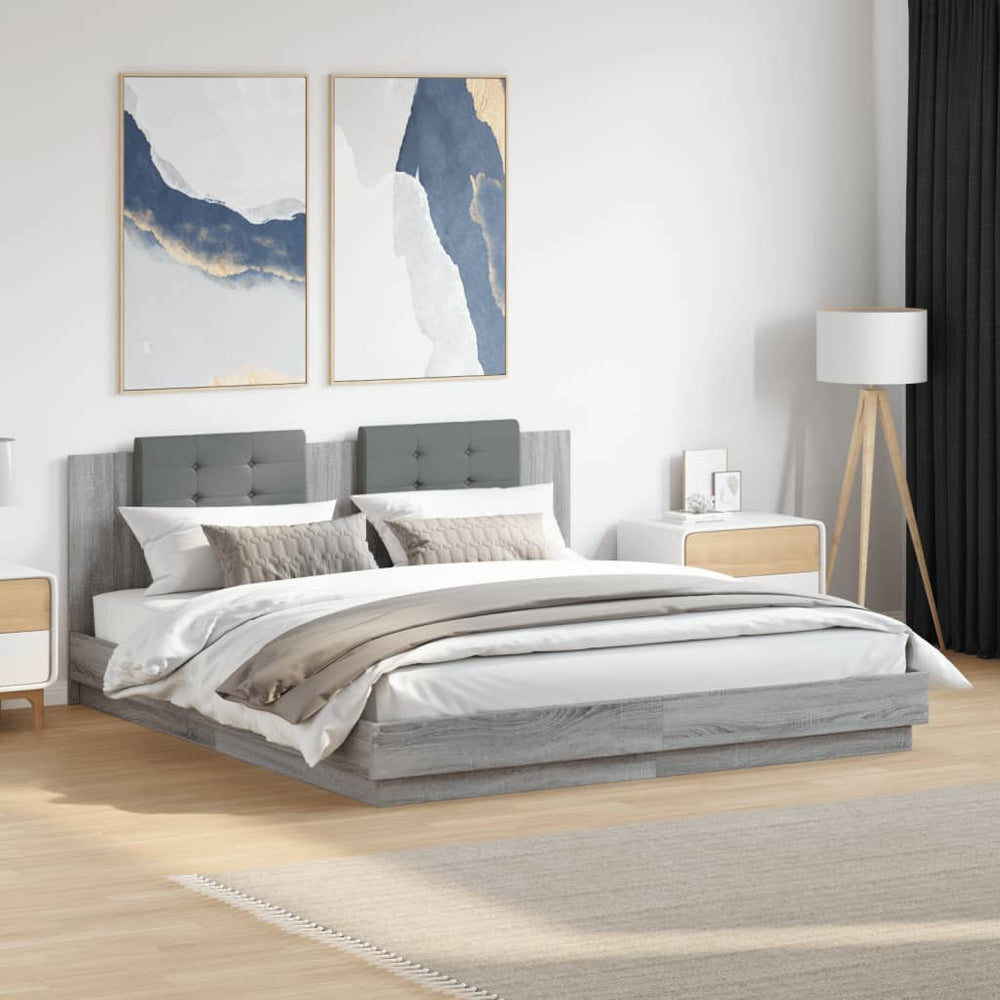 vidaXL Bed Frame with Headboard and LED Lights Grey Sonoma 160x200cm