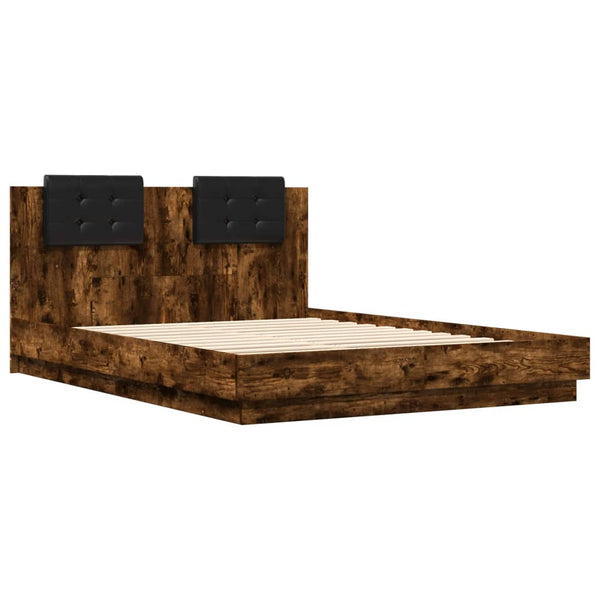 vidaXL Bed Frame with Headboard & LED Lights Smoked Oak 150x200 cm