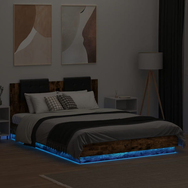 vidaXL Bed Frame with Headboard & LED Lights Smoked Oak 150x200 cm