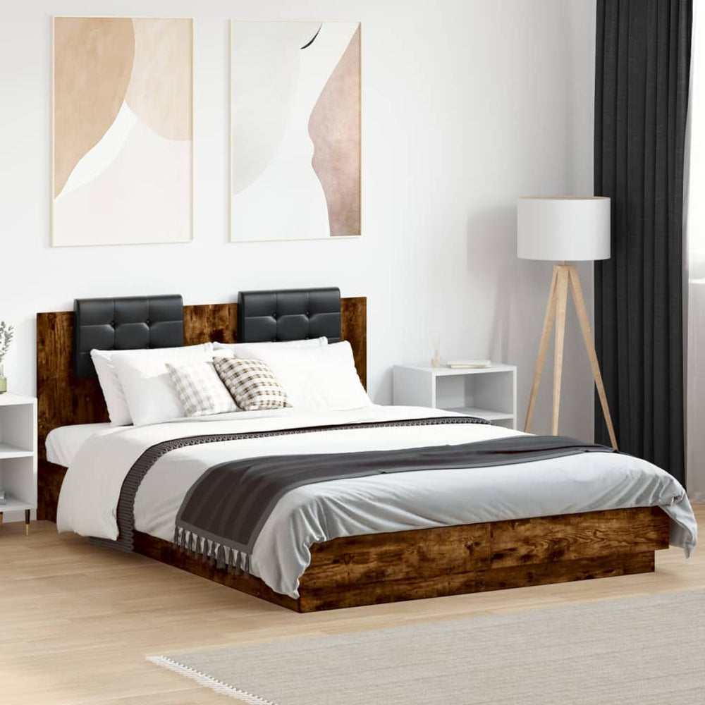 vidaXL Bed Frame with Headboard & LED Lights Smoked Oak 150x200 cm