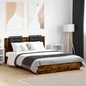 vidaXL Bed Frame with Headboard & LED Lights Smoked Oak 150x200 cm