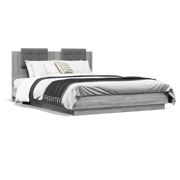 vidaXL Bed Frame with Headboard and LED Lights Grey Sonoma 150x200cm