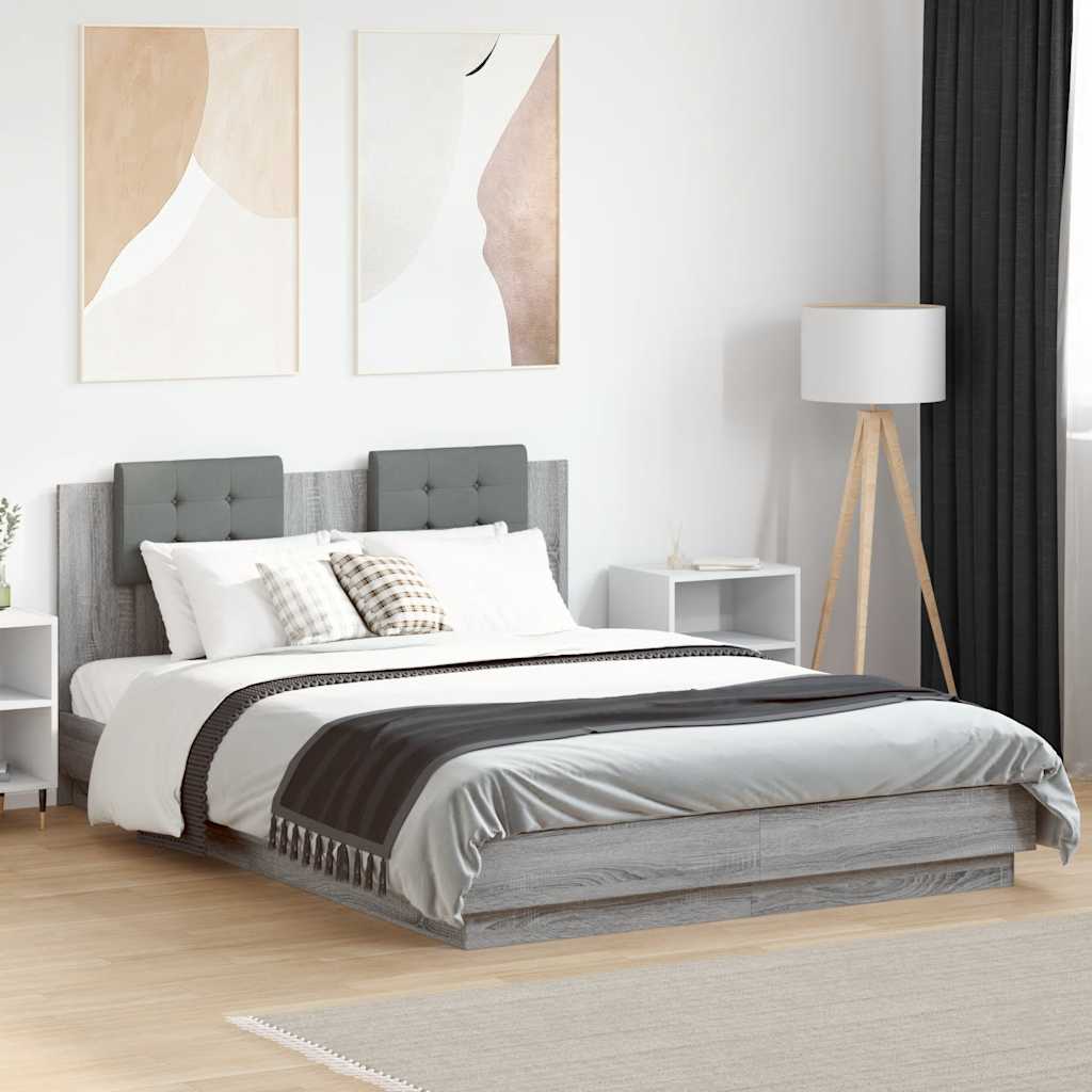 vidaXL Bed Frame with Headboard and LED Lights Grey Sonoma 150x200cm