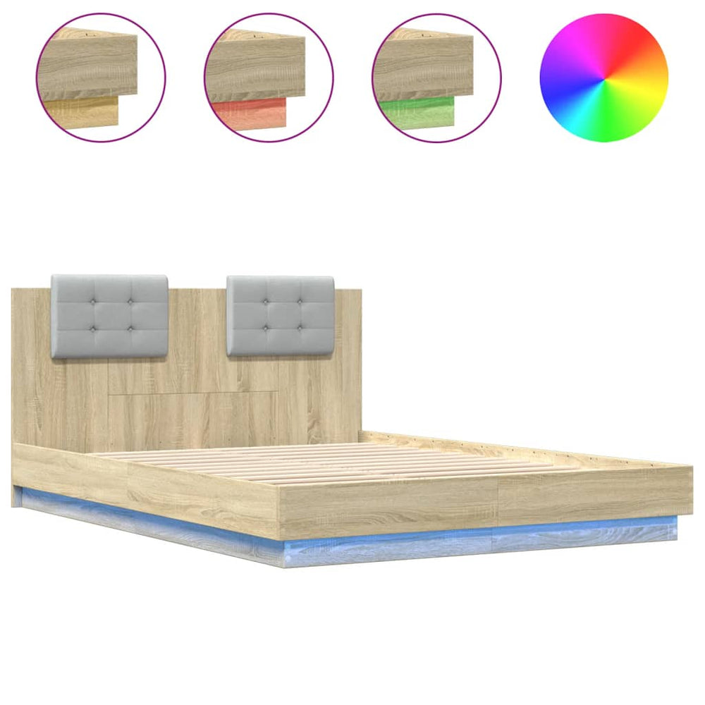 vidaXL Bed Frame with Headboard & LED Lights Sonoma Oak 140x200 cm