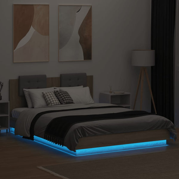 vidaXL Bed Frame with Headboard & LED Lights Sonoma Oak 140x200 cm