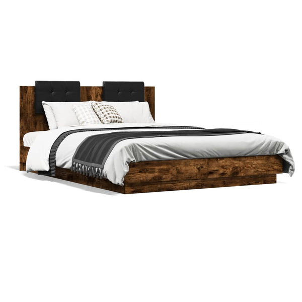vidaXL Bed Frame with Headboard & LED Lights Smoked Oak 140x200 cm