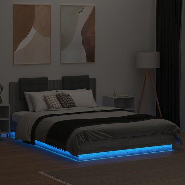 vidaXL Bed Frame with Headboard and LED Lights Grey Sonoma 140x200cm