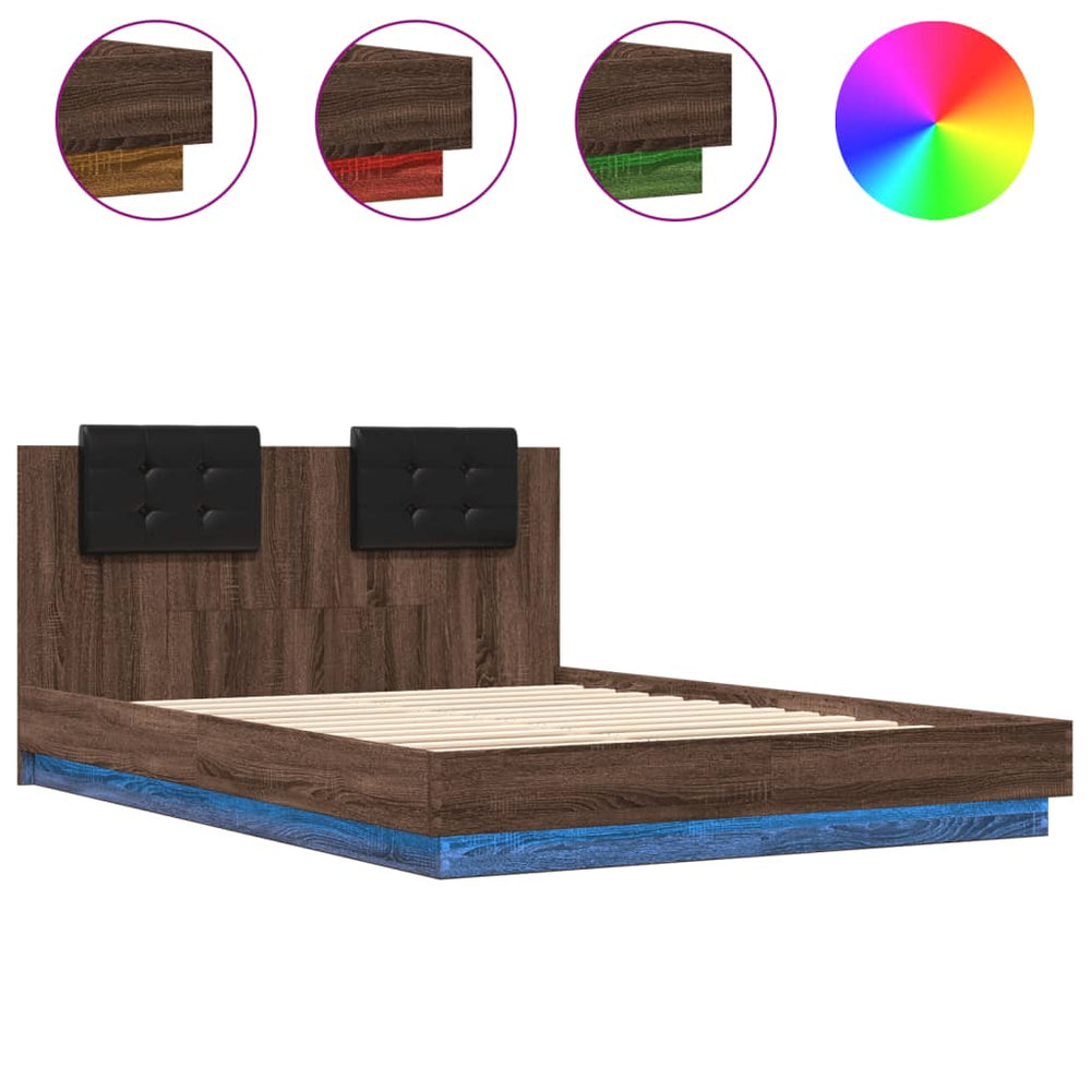 vidaXL Bed Frame with Headboard and LED Lights Brown Oak 140x200 cm