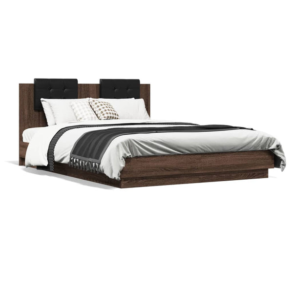 vidaXL Bed Frame with Headboard and LED Lights Brown Oak 140x200 cm