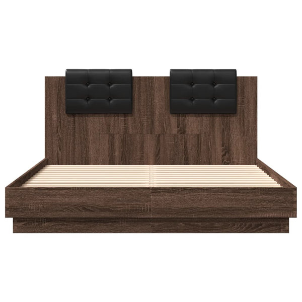vidaXL Bed Frame with Headboard and LED Lights Brown Oak 140x200 cm