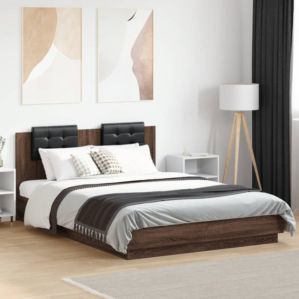 vidaXL Bed Frame with Headboard and LED Lights Brown Oak 140x200 cm