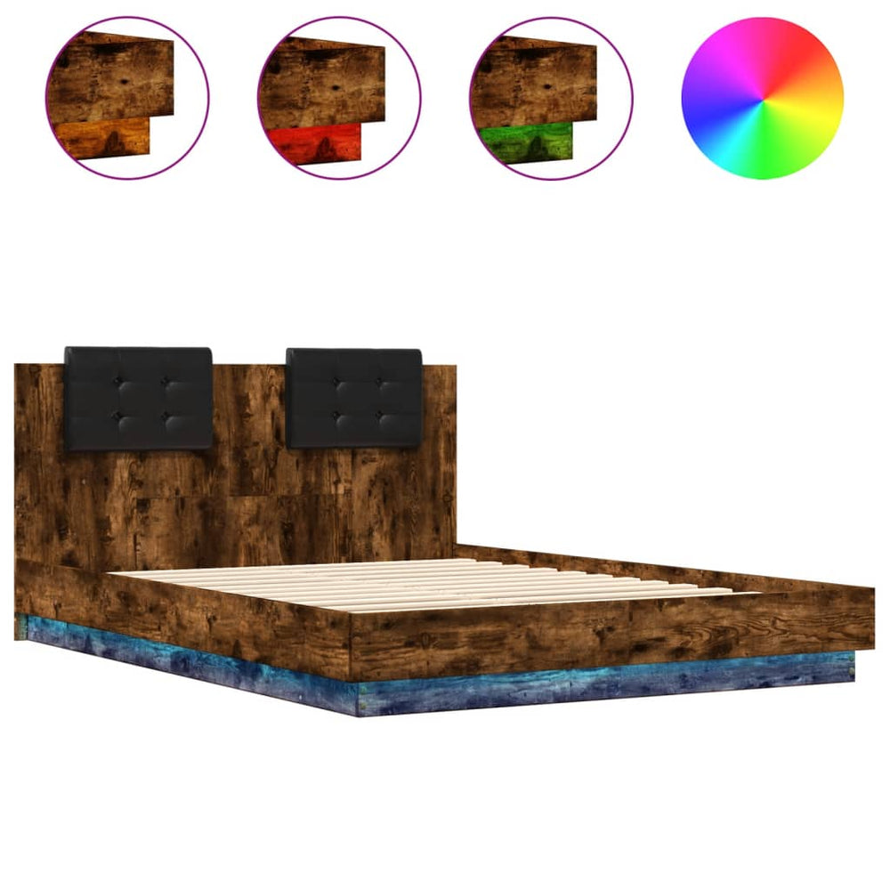 vidaXL Bed Frame with Headboard & LED Lights Smoked Oak 120x200 cm
