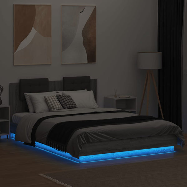 vidaXL Bed Frame with Headboard and LED Lights Grey Sonoma 120x200cm