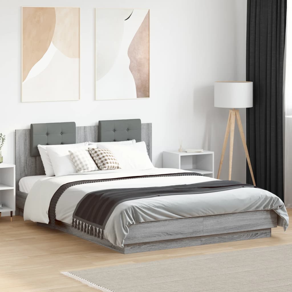 vidaXL Bed Frame with Headboard and LED Lights Grey Sonoma 120x200cm