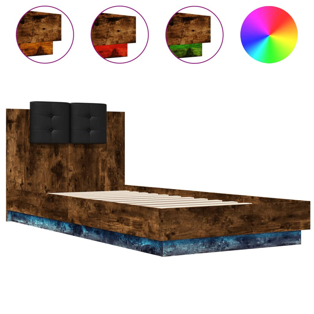 vidaXL Bed Frame with Headboard & LED Lights Smoked Oak 100x200 cm