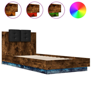 vidaXL Bed Frame with Headboard & LED Lights Smoked Oak 100x200 cm