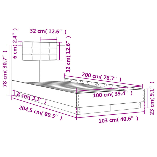 vidaXL Bed Frame with Headboard & LED Lights Smoked Oak 100x200 cm