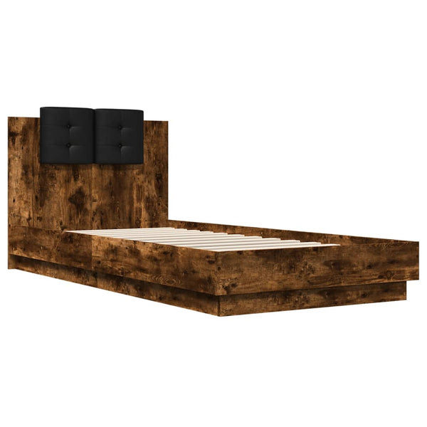 vidaXL Bed Frame with Headboard & LED Lights Smoked Oak 100x200 cm