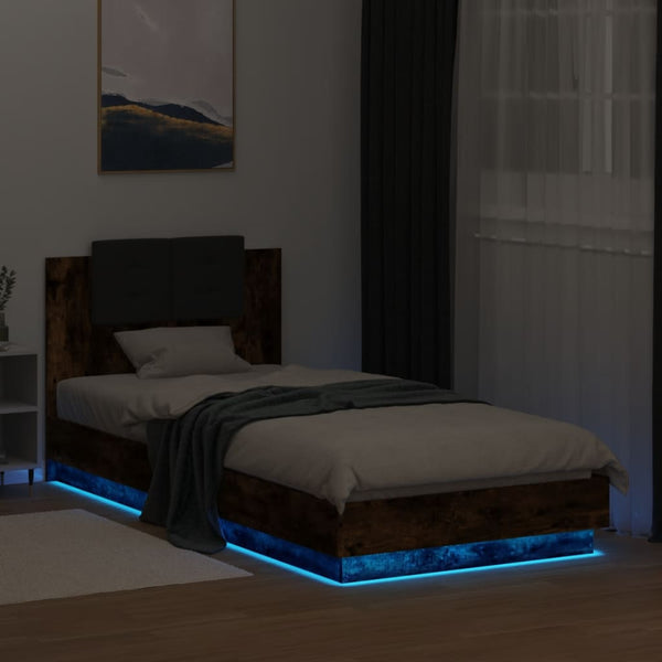 vidaXL Bed Frame with Headboard & LED Lights Smoked Oak 100x200 cm