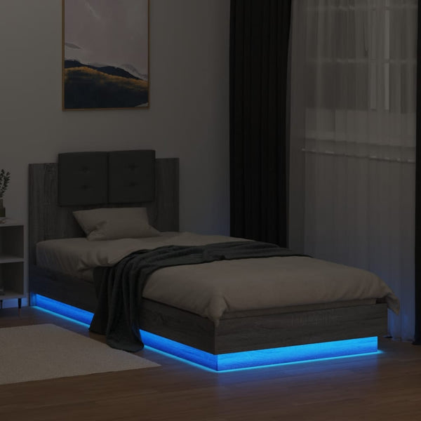 vidaXL Bed Frame with Headboard and LED Lights Gray Sonoma 100x200 cm