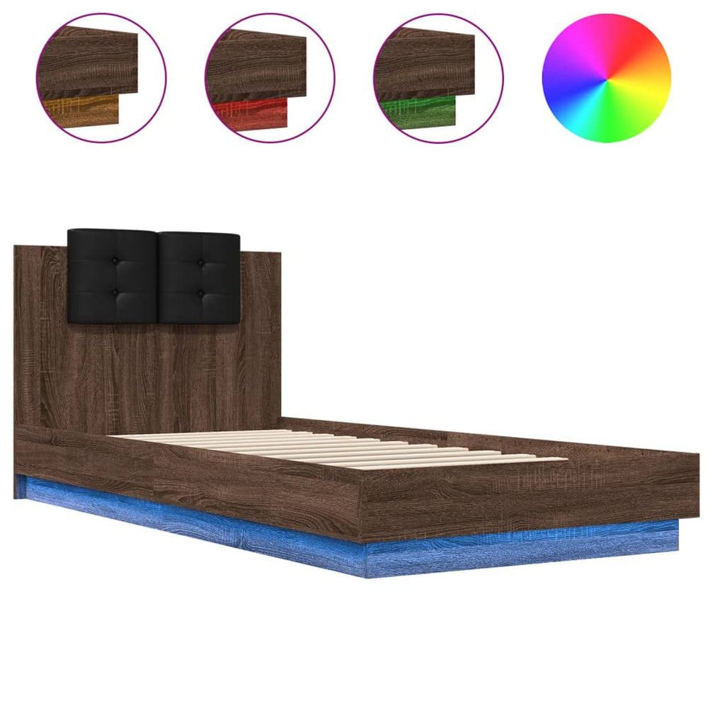 vidaXL Bed Frame with Headboard and LED Lights Brown Oak 100x200cm
