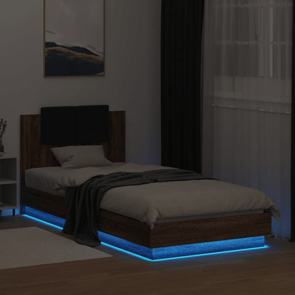 vidaXL Bed Frame with Headboard and LED Lights Brown Oak 100x200cm