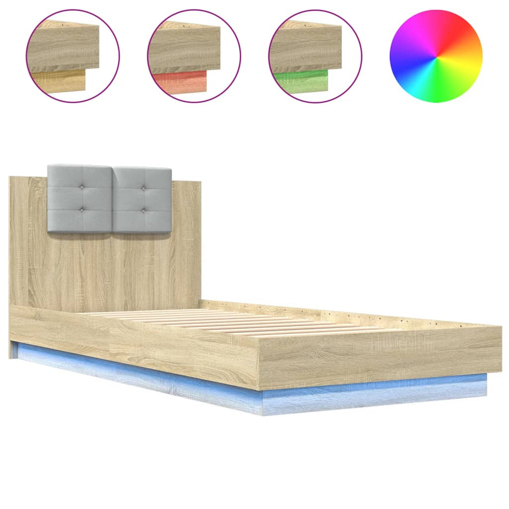 vidaXL Bed Frame with Headboard and LED Lights Sonoma Oak 90x200 cm