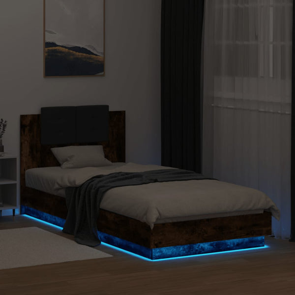 vidaXL Bed Frame with Headboard and LED Lights Smoked Oak 90x200cm