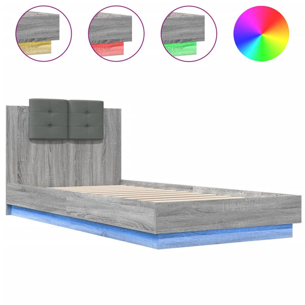 vidaXL Bed Frame with Headboard and LED Lights Gray Sonoma 90x200 cm