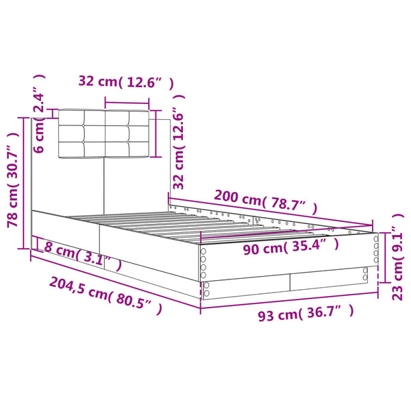 vidaXL Bed Frame with Headboard and LED Lights Brown Oak 90x200 cm