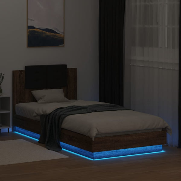 vidaXL Bed Frame with Headboard and LED Lights Brown Oak 90x200 cm