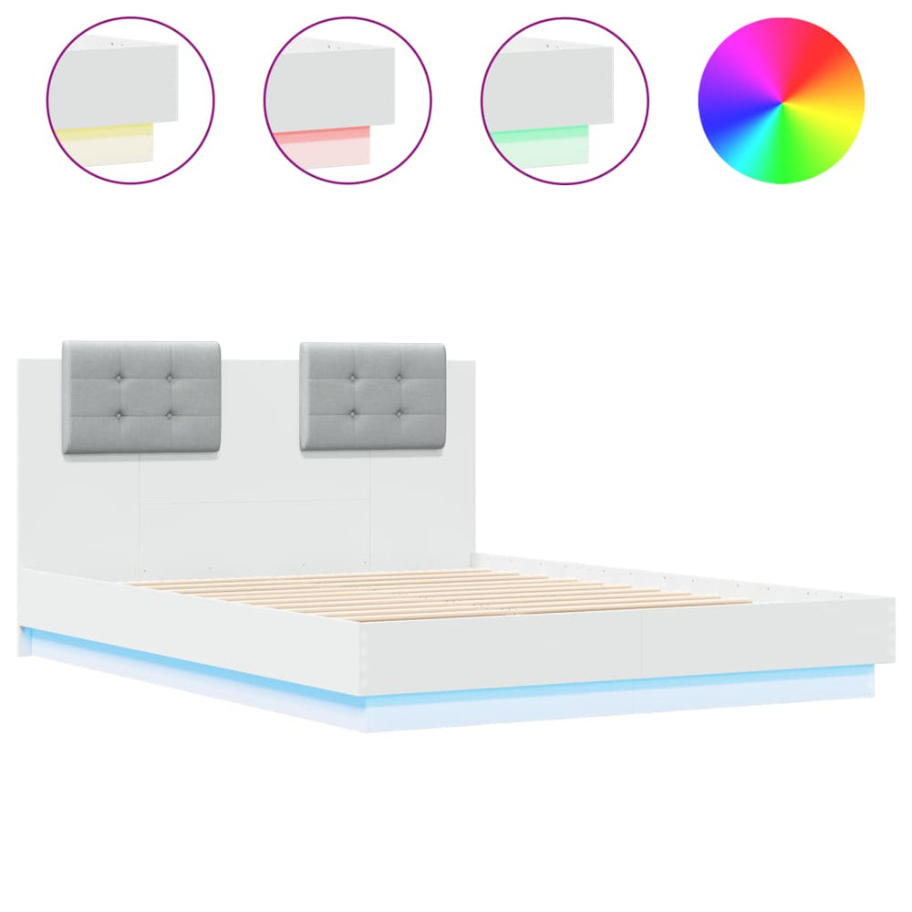 vidaXL Bed Frame with Headboard and LED Lights White 135x190 cm