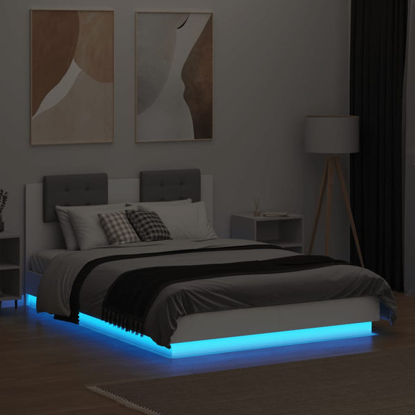 vidaXL Bed Frame with Headboard and LED Lights White 135x190 cm