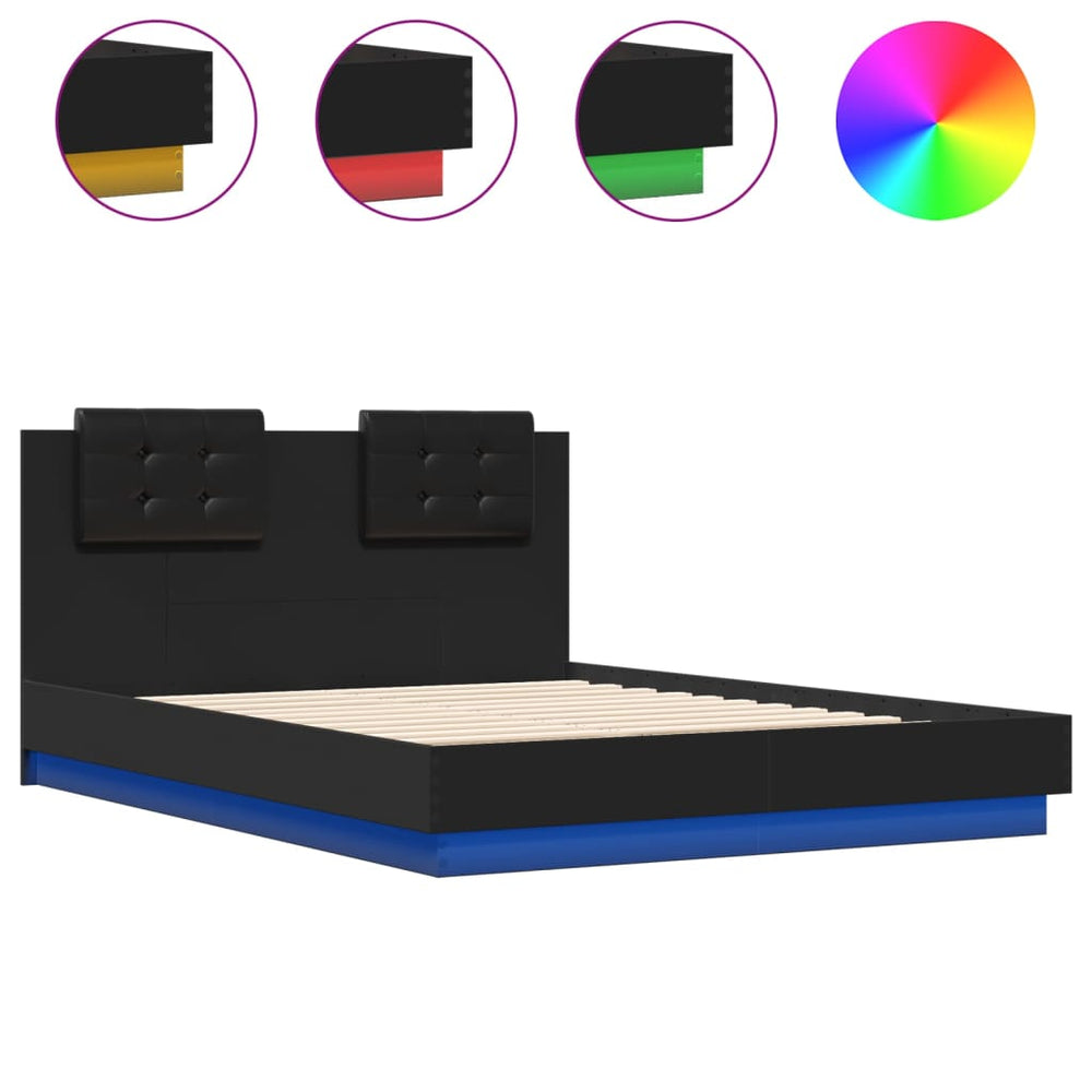 vidaXL Bed Frame with Headboard and LED Lights Black 135x190 cm