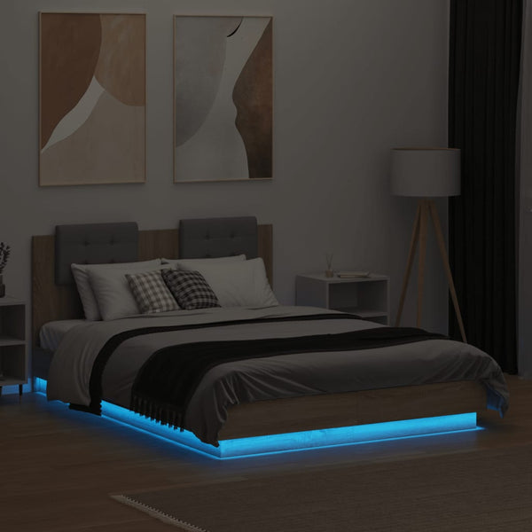 vidaXL Bed Frame with Headboard & LED Lights Sonoma Oak 135x190 cm
