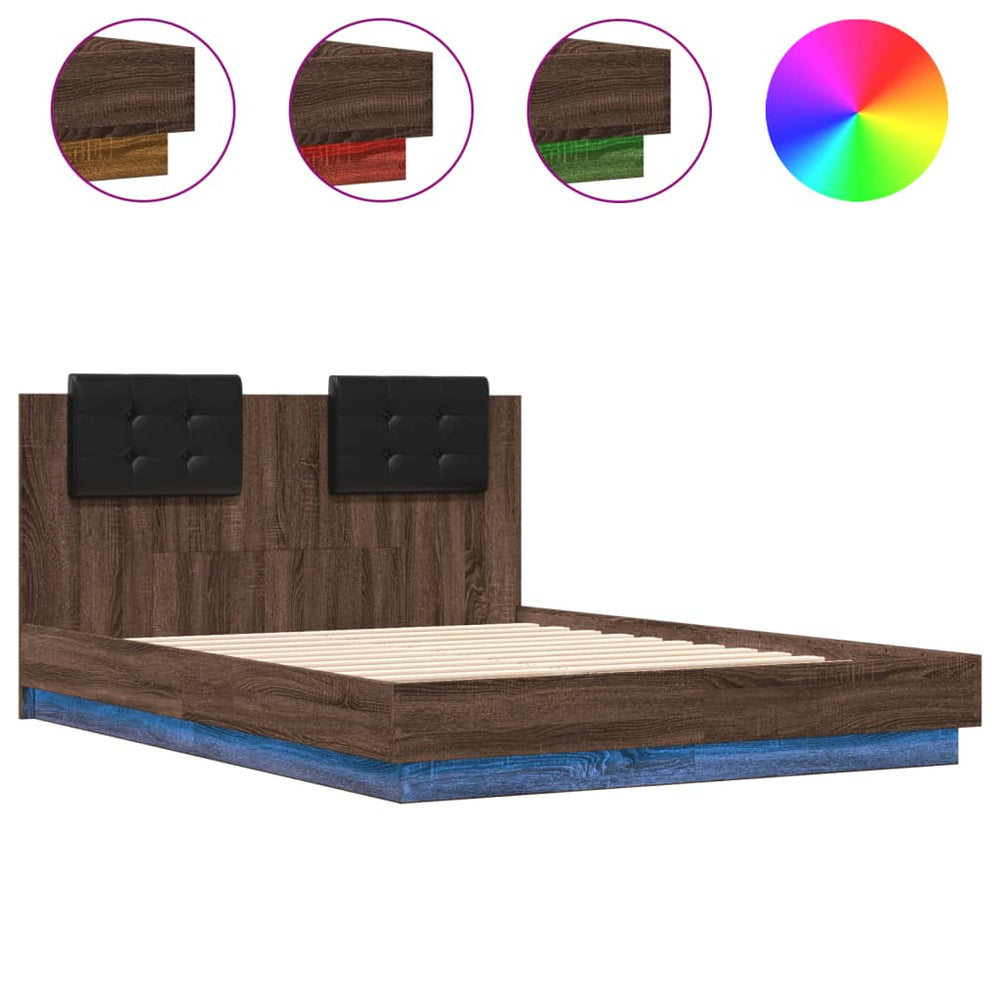 vidaXL Bed Frame with Headboard and LED Brown Oak-Look 135x190 cm