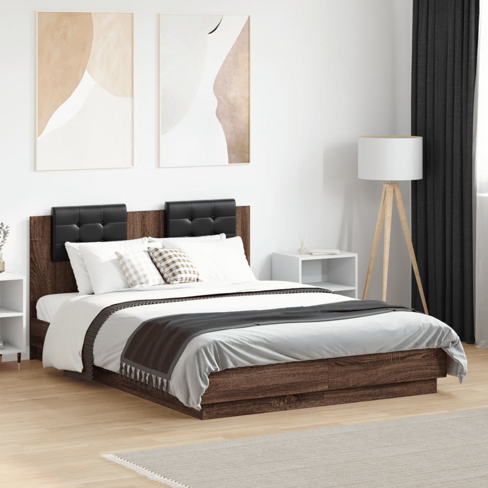 vidaXL Bed Frame with Headboard and LED Brown Oak-Look 135x190 cm