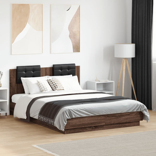 vidaXL Bed Frame with Headboard and LED Brown Oak-Look 135x190 cm